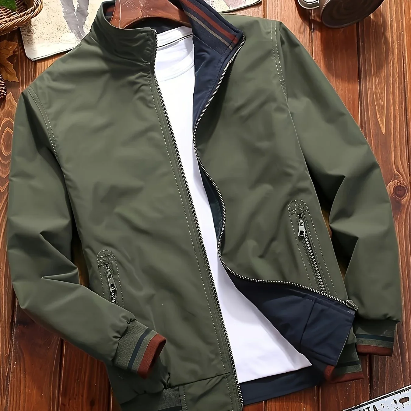 Men's Zip-Up Jacket with Stand Collar - Front Zipper Closure, Beige/ Navy Color Block, Lightweight Polyester Outer Coat for Casual & Formal Events - Machine Washable Everyday Outerwear - Image 25
