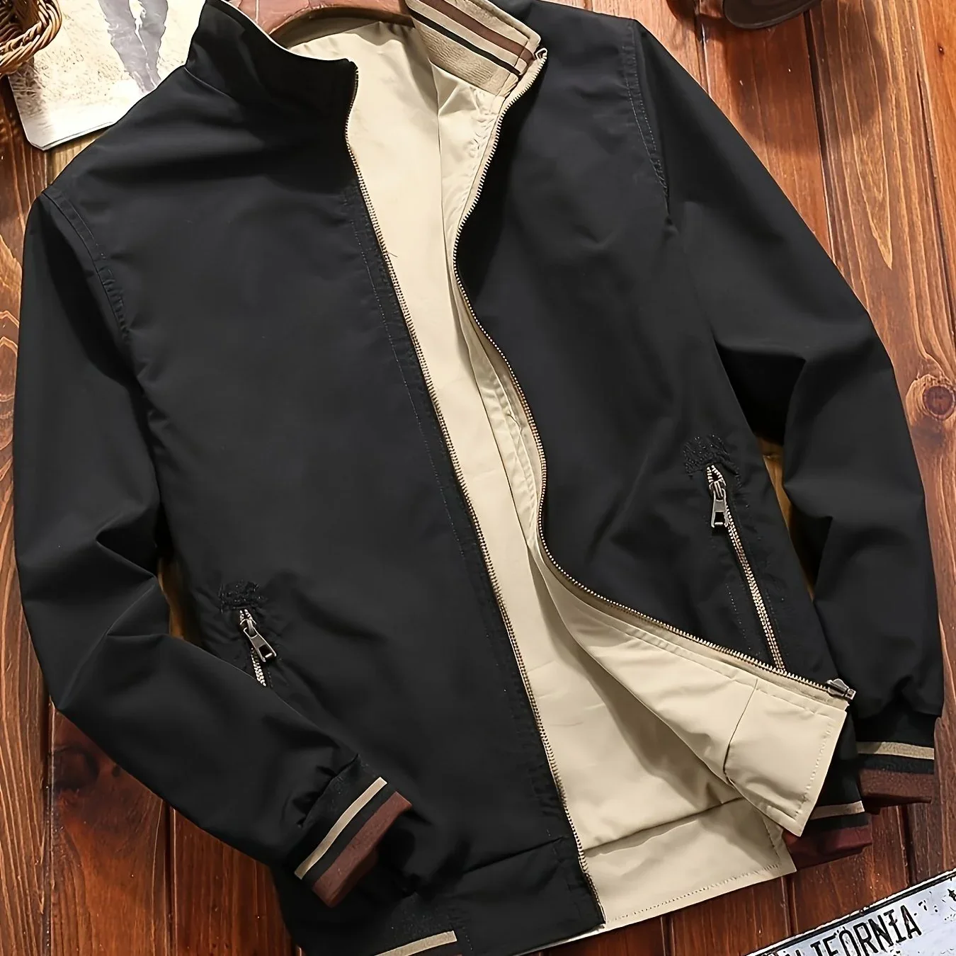 Men's Zip-Up Jacket with Stand Collar - Front Zipper Closure, Beige/ Navy Color Block, Lightweight Polyester Outer Coat for Casual & Formal Events - Machine Washable Everyday Outerwear - Image 26
