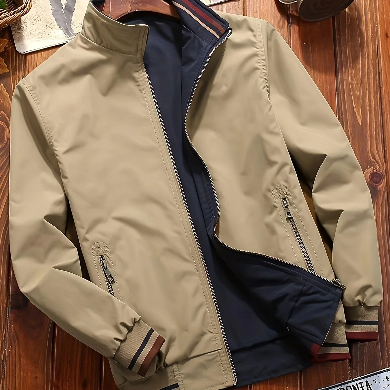 Men's Zip-Up Jacket with Stand Collar - Front Zipper Closure, Beige/ Navy Color Block, Lightweight Polyester Outer Coat for Casual & Formal Events - Machine Washable Everyday Outerwear - Image 27