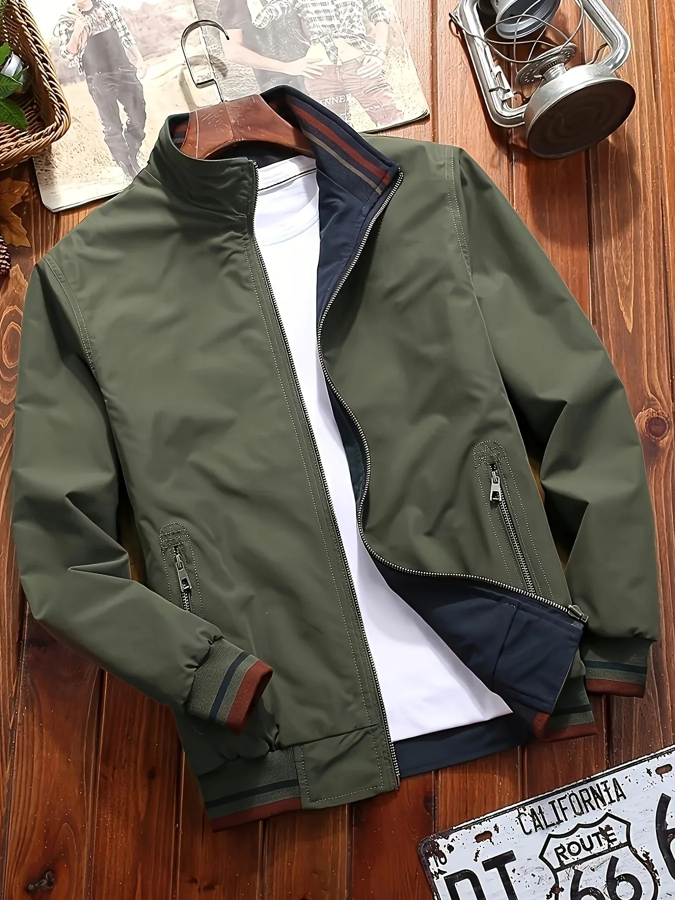 Men's Zip-Up Jacket with Stand Collar - Front Zipper Closure, Beige/ Navy Color Block, Lightweight Polyester Outer Coat for Casual & Formal Events - Machine Washable Everyday Outerwear - Image 3