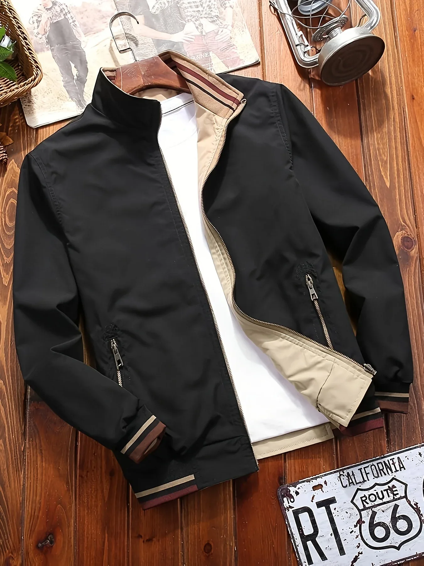 Men's Zip-Up Jacket with Stand Collar - Front Zipper Closure, Beige/ Navy Color Block, Lightweight Polyester Outer Coat for Casual & Formal Events - Machine Washable Everyday Outerwear - Image 8