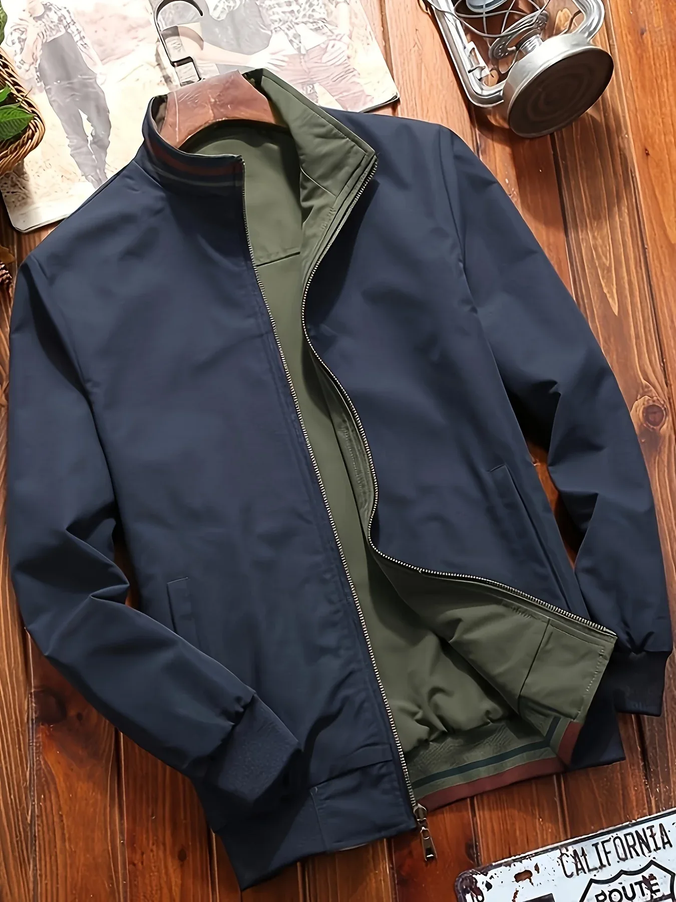 Men's Zip-Up Jacket with Stand Collar - Front Zipper Closure, Beige/ Navy Color Block, Lightweight Polyester Outer Coat for Casual & Formal Events - Machine Washable Everyday Outerwear - Image 9
