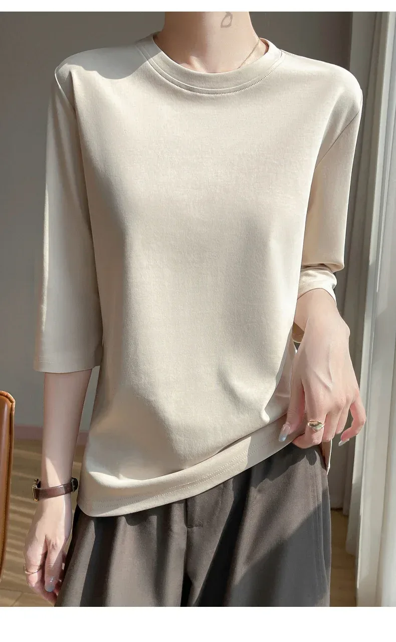 Mercerized Cotton Cropped Sleeve Female Spring And Summer 2023 New Round Neck Loose 100% Cotton Short Sleeve Bottoming T-Shirt - Image 21
