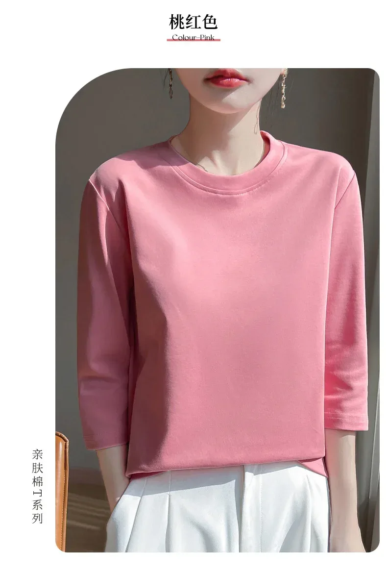 Mercerized Cotton Cropped Sleeve Female Spring And Summer 2023 New Round Neck Loose 100% Cotton Short Sleeve Bottoming T-Shirt - Image 23