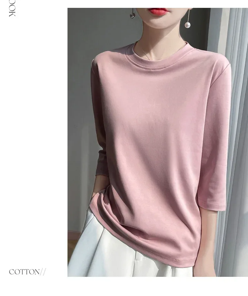 Mercerized Cotton Cropped Sleeve Female Spring And Summer 2023 New Round Neck Loose 100% Cotton Short Sleeve Bottoming T-Shirt - Image 30