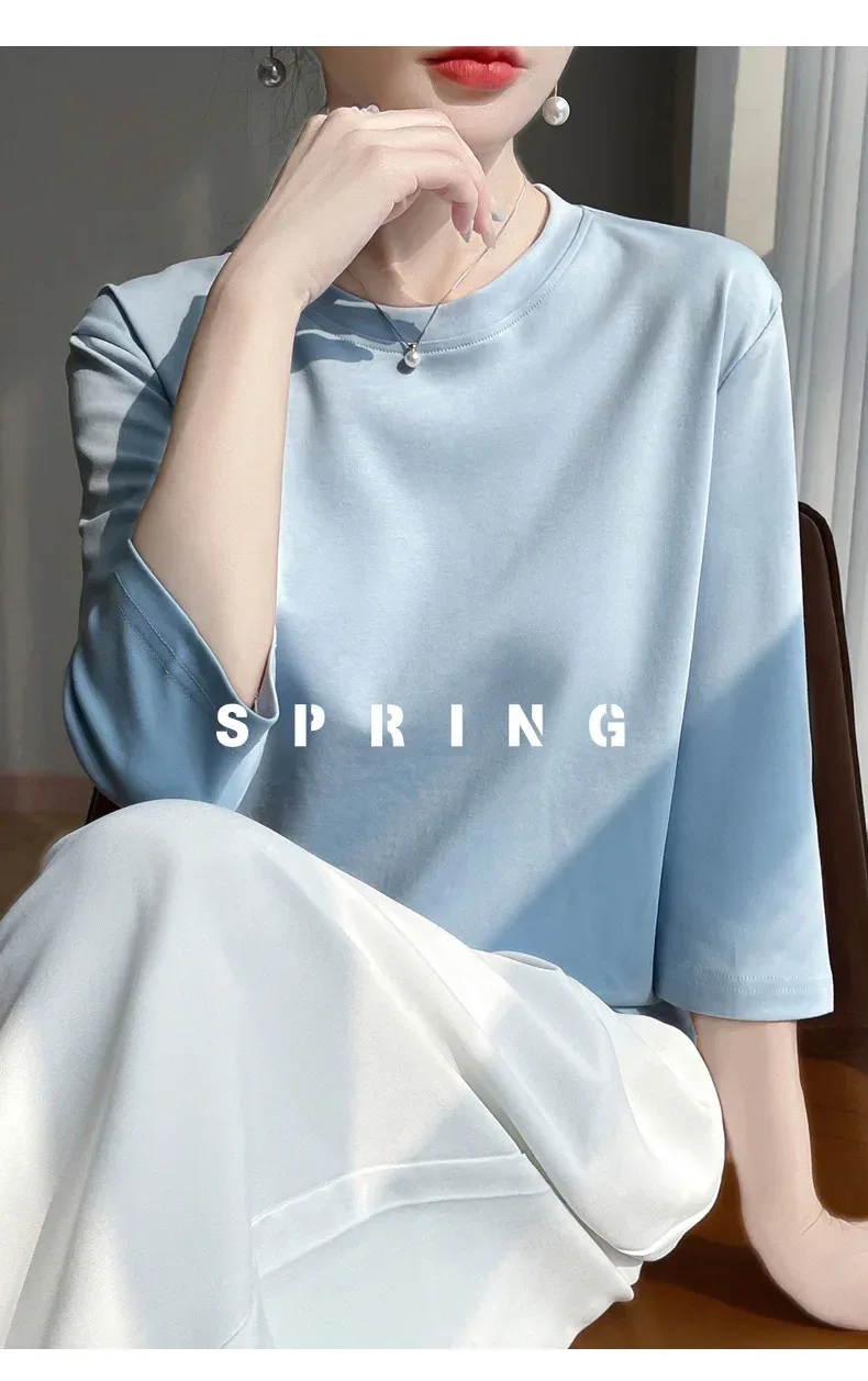 Mercerized Cotton Cropped Sleeve Female Spring And Summer 2023 New Round Neck Loose 100% Cotton Short Sleeve Bottoming T-Shirt - Image 40