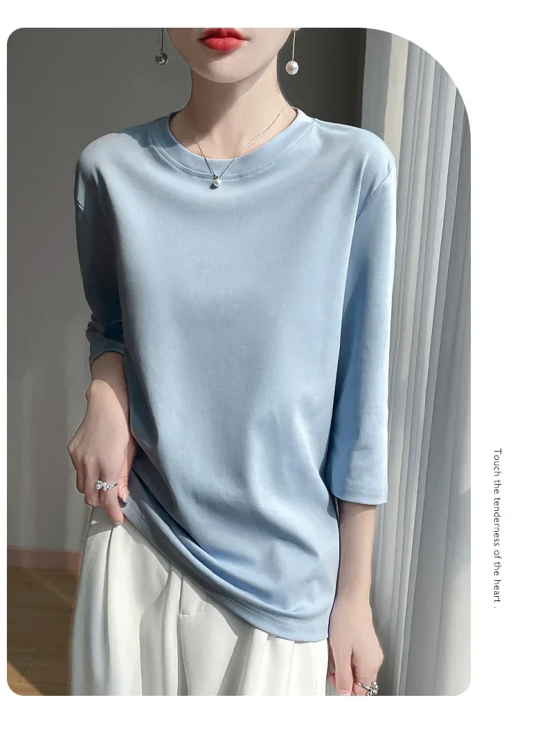 Mercerized Cotton Cropped Sleeve Female Spring And Summer 2023 New Round Neck Loose 100% Cotton Short Sleeve Bottoming T-Shirt - Image 42