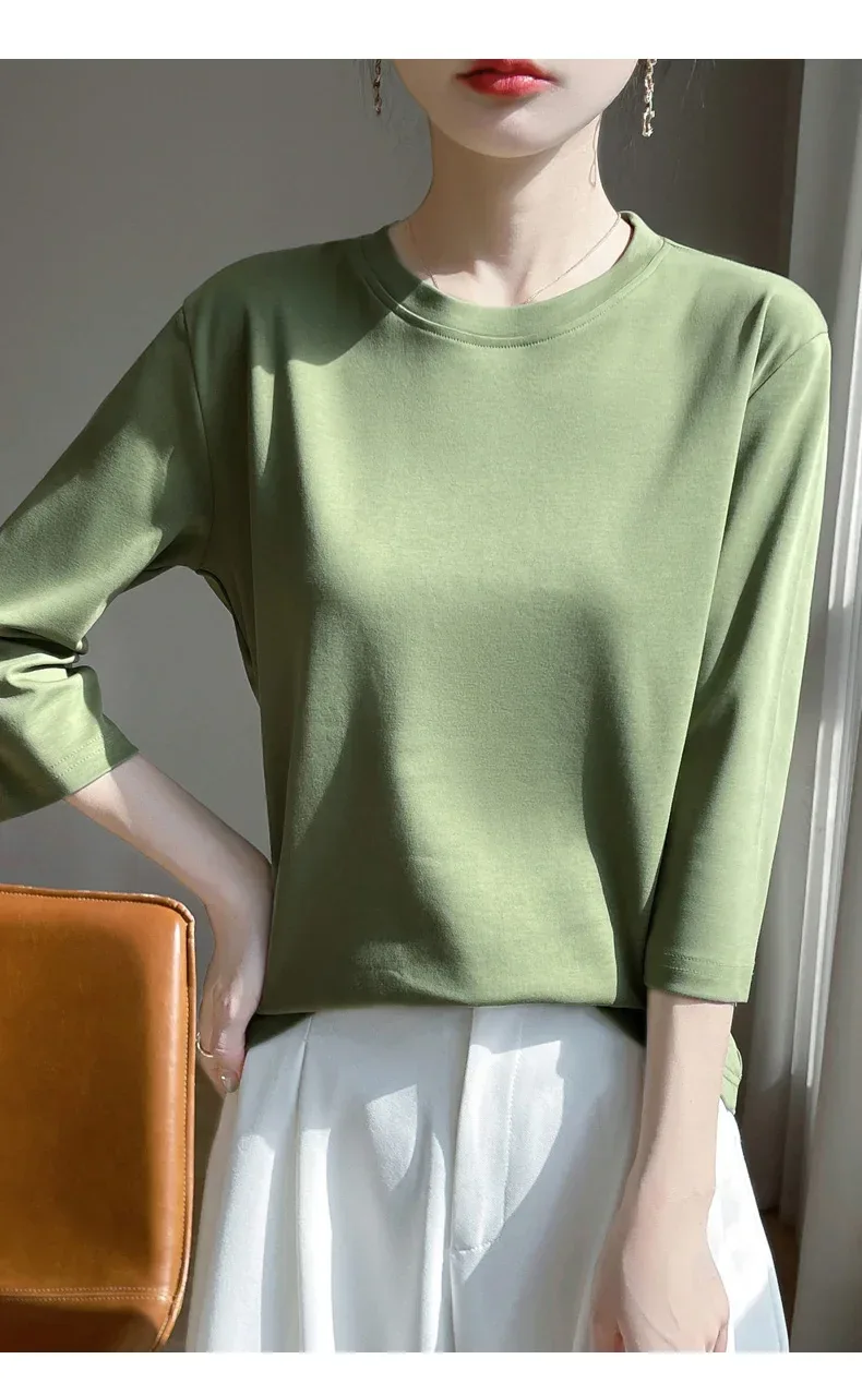 Mercerized Cotton Cropped Sleeve Female Spring And Summer 2023 New Round Neck Loose 100% Cotton Short Sleeve Bottoming T-Shirt - Image 48