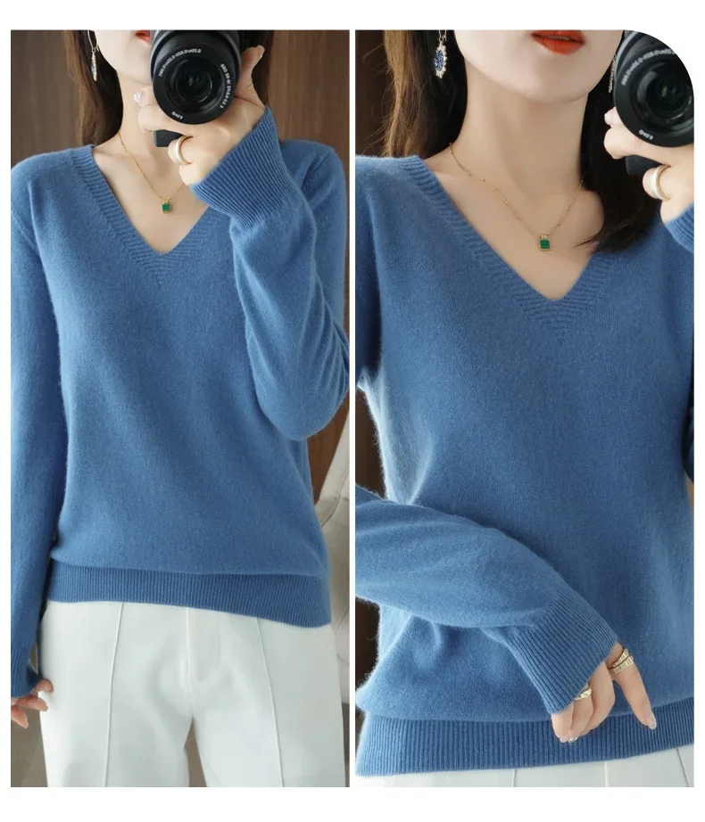 New Cashmere Women's V-neck Pullover Lace Neck Hollow Out Design Casual Knitted Long Sleeve Women's Sweater Autumn And Winter - Image 16