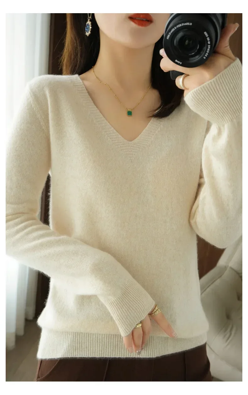 New Cashmere Women's V-neck Pullover Lace Neck Hollow Out Design Casual Knitted Long Sleeve Women's Sweater Autumn And Winter - Image 17