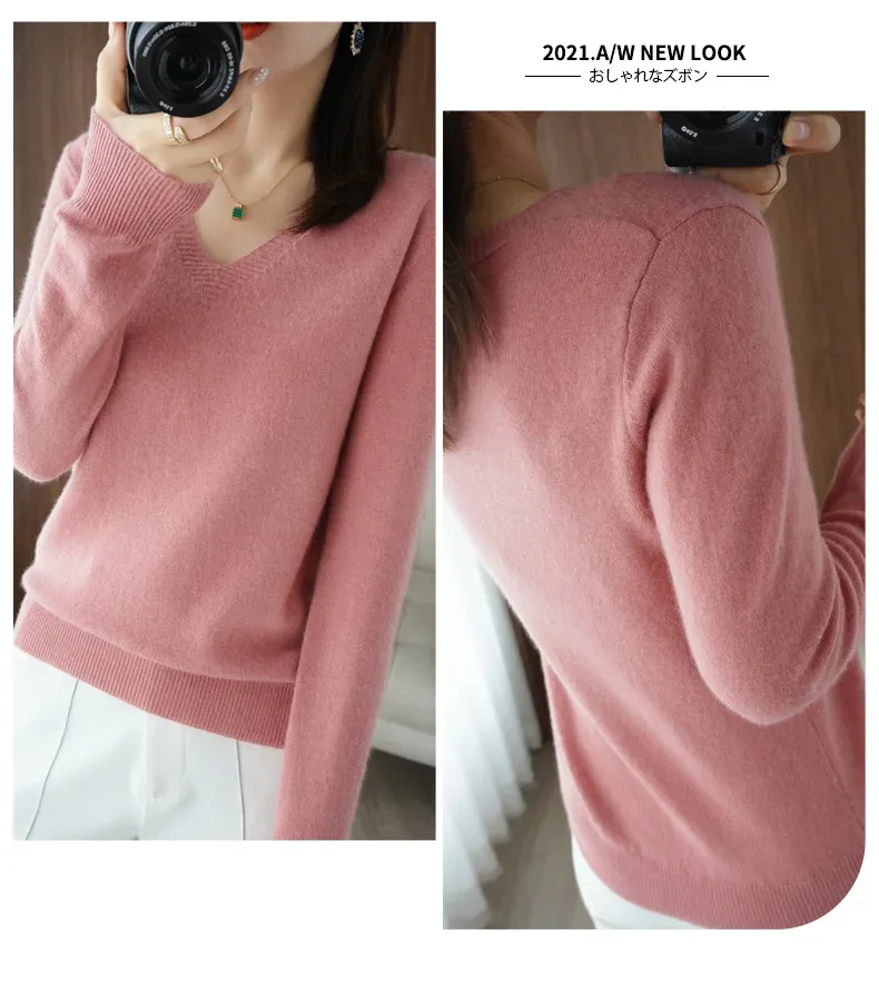New Cashmere Women's V-neck Pullover Lace Neck Hollow Out Design Casual Knitted Long Sleeve Women's Sweater Autumn And Winter - Image 21