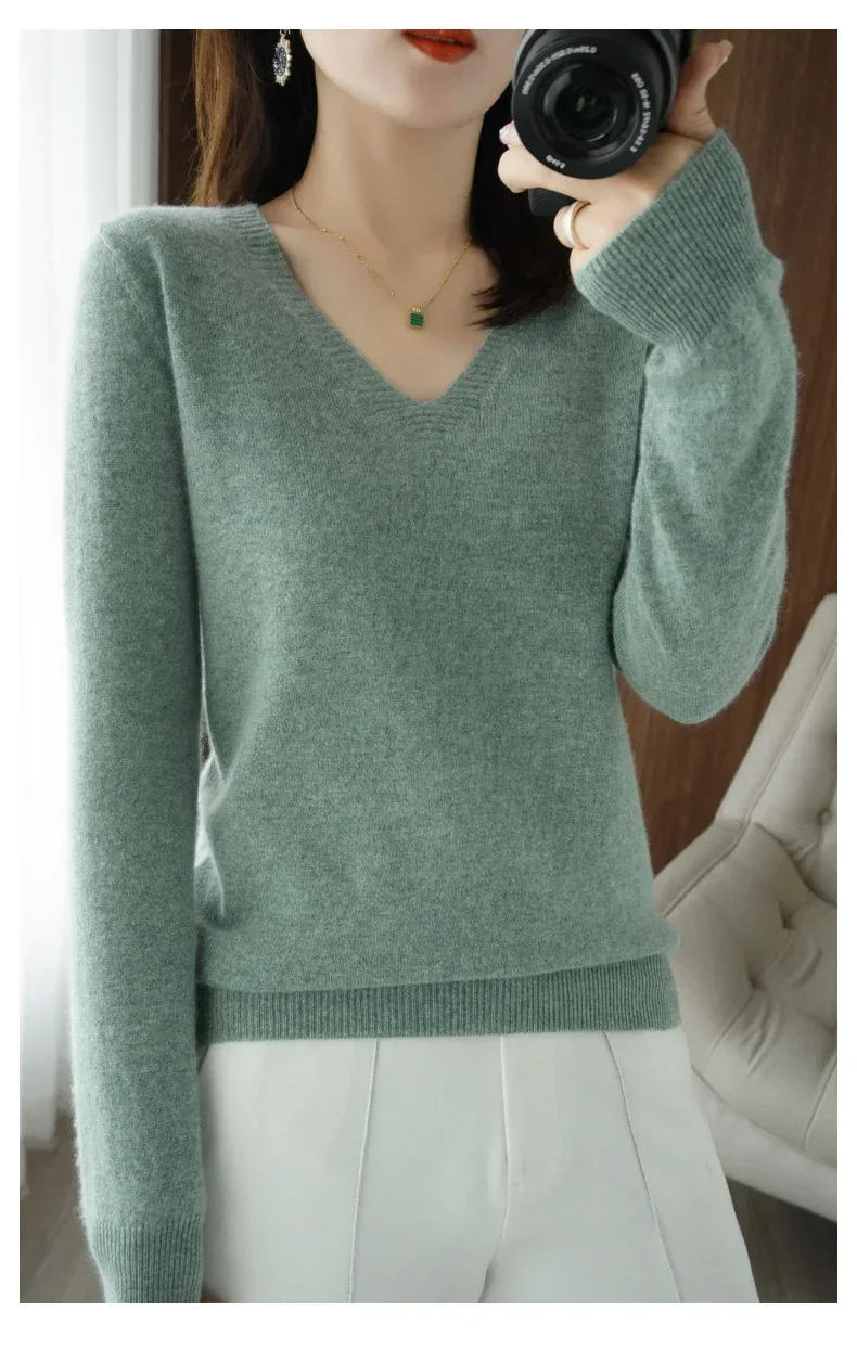 New Cashmere Women's V-neck Pullover Lace Neck Hollow Out Design Casual Knitted Long Sleeve Women's Sweater Autumn And Winter - Image 22