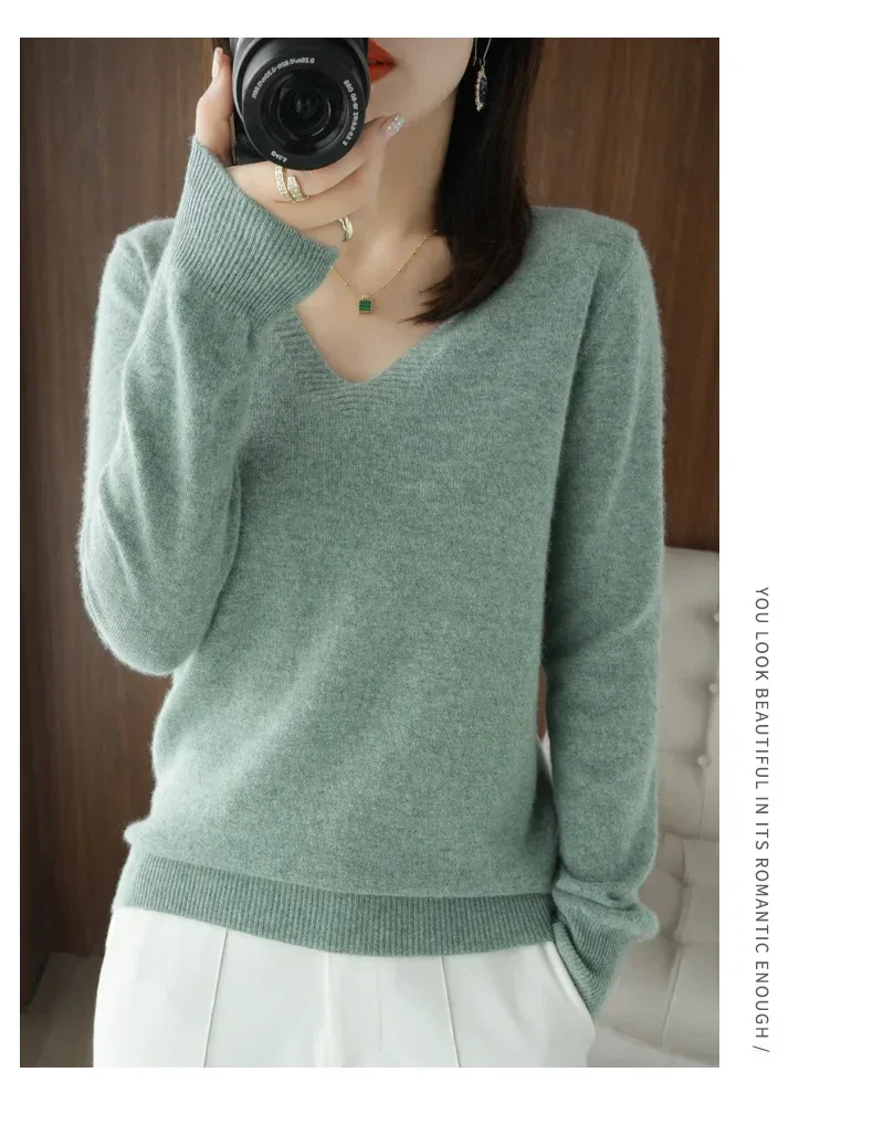 New Cashmere Women's V-neck Pullover Lace Neck Hollow Out Design Casual Knitted Long Sleeve Women's Sweater Autumn And Winter - Image 23