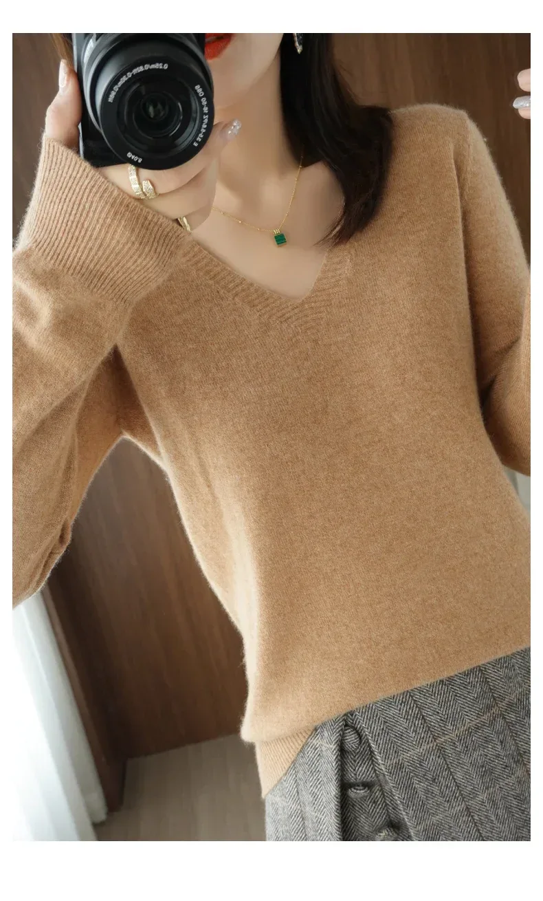 New Cashmere Women's V-neck Pullover Lace Neck Hollow Out Design Casual Knitted Long Sleeve Women's Sweater Autumn And Winter - Image 24