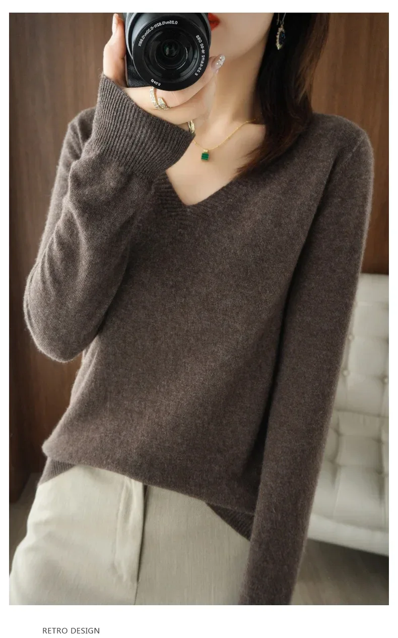 New Cashmere Women's V-neck Pullover Lace Neck Hollow Out Design Casual Knitted Long Sleeve Women's Sweater Autumn And Winter - Image 26