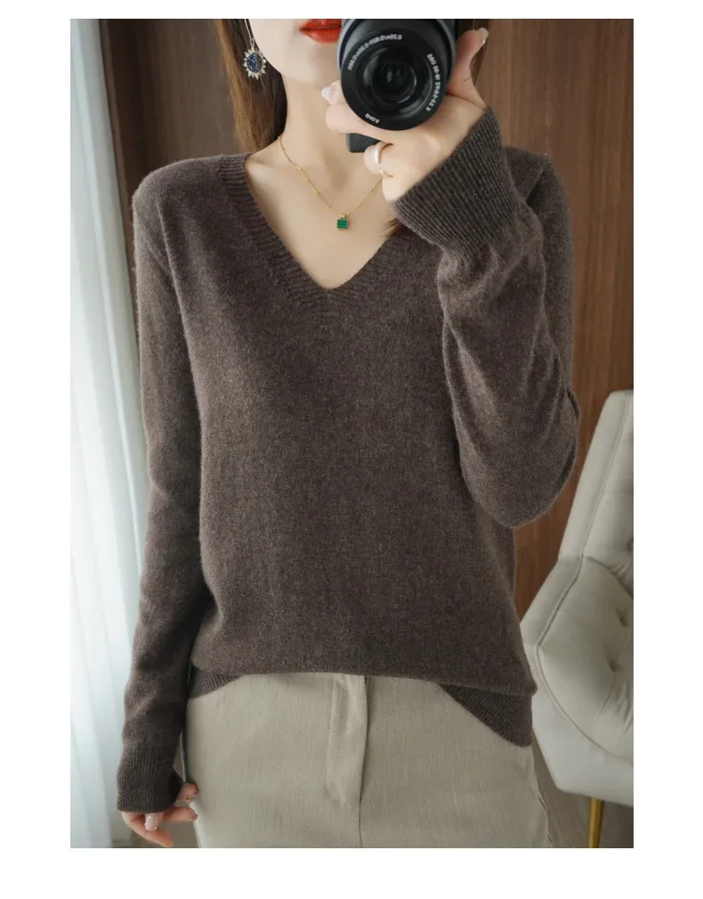 New Cashmere Women's V-neck Pullover Lace Neck Hollow Out Design Casual Knitted Long Sleeve Women's Sweater Autumn And Winter - Image 27