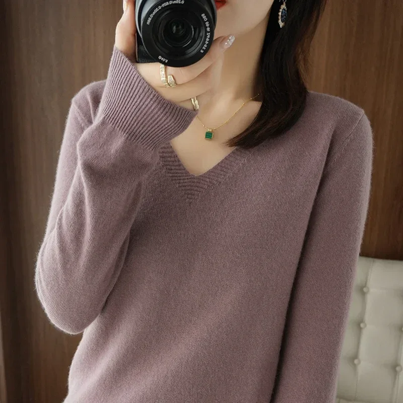 New Cashmere Women's V-neck Pullover Lace Neck Hollow Out Design Casual Knitted Long Sleeve Women's Sweater Autumn And Winter - Image 3