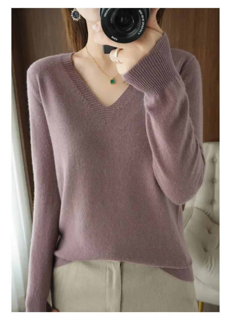 New Cashmere Women's V-neck Pullover Lace Neck Hollow Out Design Casual Knitted Long Sleeve Women's Sweater Autumn And Winter - Image 33