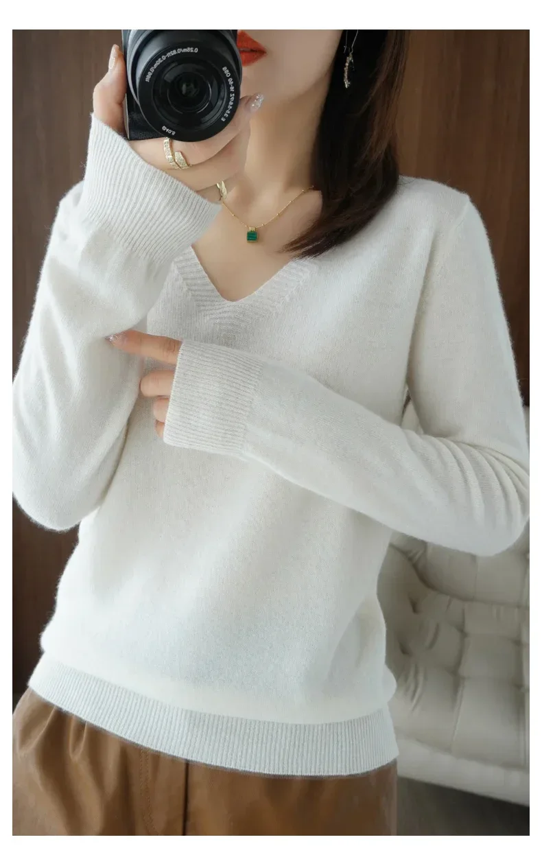 New Cashmere Women's V-neck Pullover Lace Neck Hollow Out Design Casual Knitted Long Sleeve Women's Sweater Autumn And Winter - Image 34