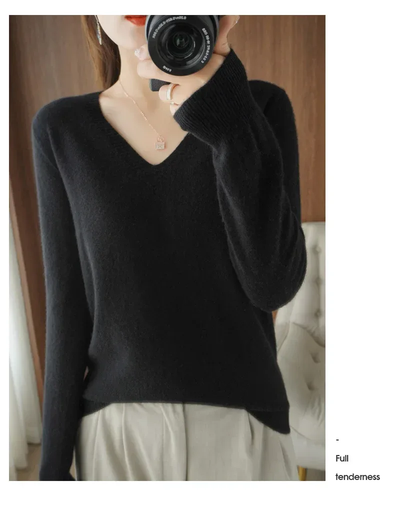 New Cashmere Women's V-neck Pullover Lace Neck Hollow Out Design Casual Knitted Long Sleeve Women's Sweater Autumn And Winter - Image 35