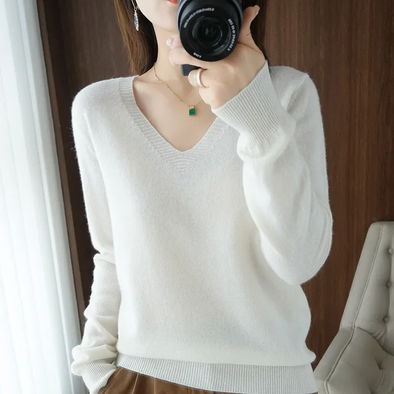 New Cashmere Women's V-neck Pullover Lace Neck Hollow Out Design Casual Knitted Long Sleeve Women's Sweater Autumn And Winter - Image 36