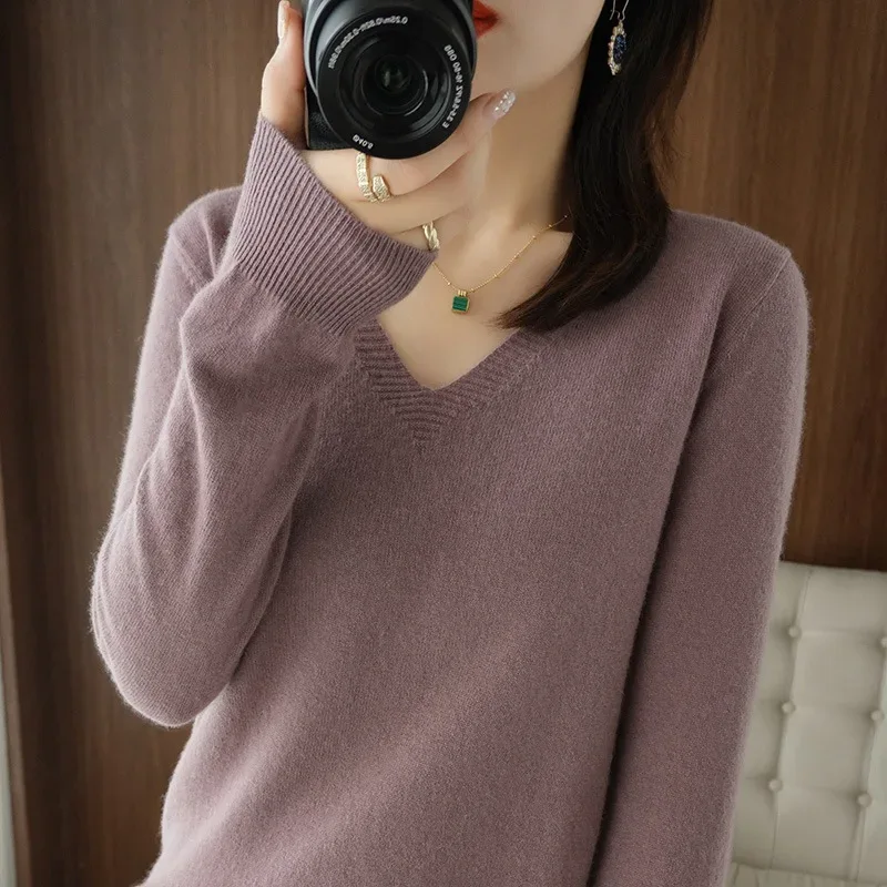 New Cashmere Women's V-neck Pullover Lace Neck Hollow Out Design Casual Knitted Long Sleeve Women's Sweater Autumn And Winter - Image 37
