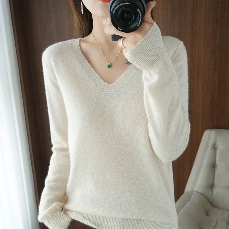 New Cashmere Women's V-neck Pullover Lace Neck Hollow Out Design Casual Knitted Long Sleeve Women's Sweater Autumn And Winter - Image 38