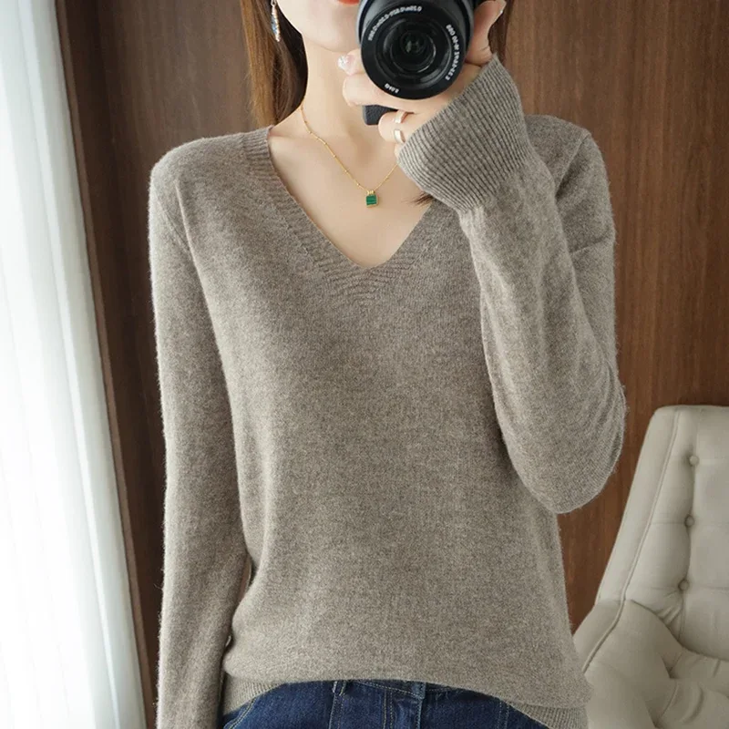 New Cashmere Women's V-neck Pullover Lace Neck Hollow Out Design Casual Knitted Long Sleeve Women's Sweater Autumn And Winter - Image 4