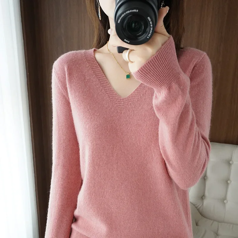 New Cashmere Women's V-neck Pullover Lace Neck Hollow Out Design Casual Knitted Long Sleeve Women's Sweater Autumn And Winter - Image 40