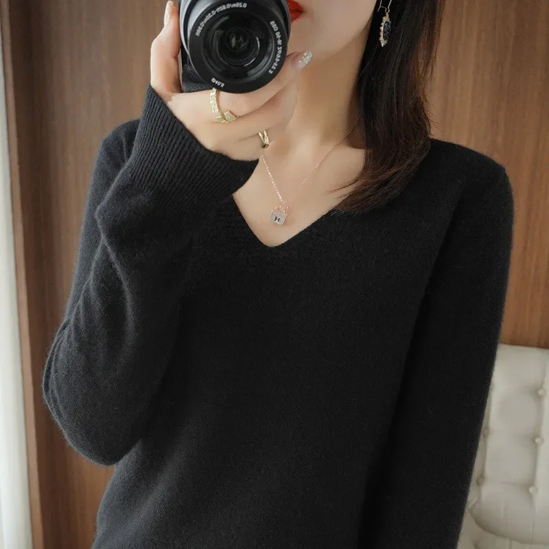 New Cashmere Women's V-neck Pullover Lace Neck Hollow Out Design Casual Knitted Long Sleeve Women's Sweater Autumn And Winter - Image 44