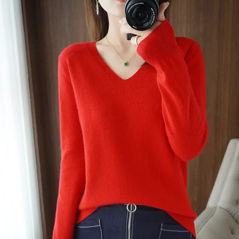 New Cashmere Women's V-neck Pullover Lace Neck Hollow Out Design Casual Knitted Long Sleeve Women's Sweater Autumn And Winter - Image 45