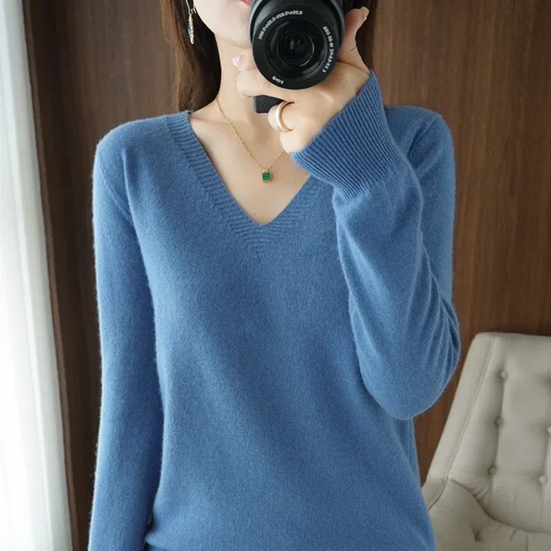 New Cashmere Women's V-neck Pullover Lace Neck Hollow Out Design Casual Knitted Long Sleeve Women's Sweater Autumn And Winter - Image 5