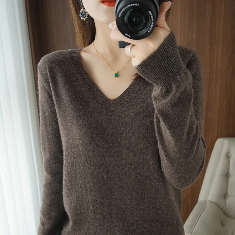 New Cashmere Women's V-neck Pullover Lace Neck Hollow Out Design Casual Knitted Long Sleeve Women's Sweater Autumn And Winter - Image 6