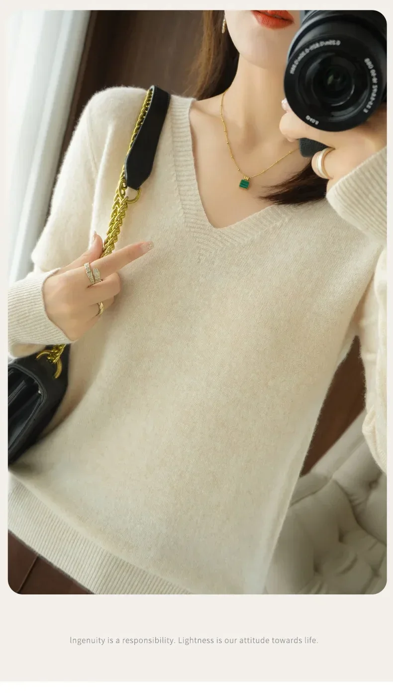 New Cashmere Women's V-neck Pullover Lace Neck Hollow Out Design Casual Knitted Long Sleeve Women's Sweater Autumn And Winter - Image 8