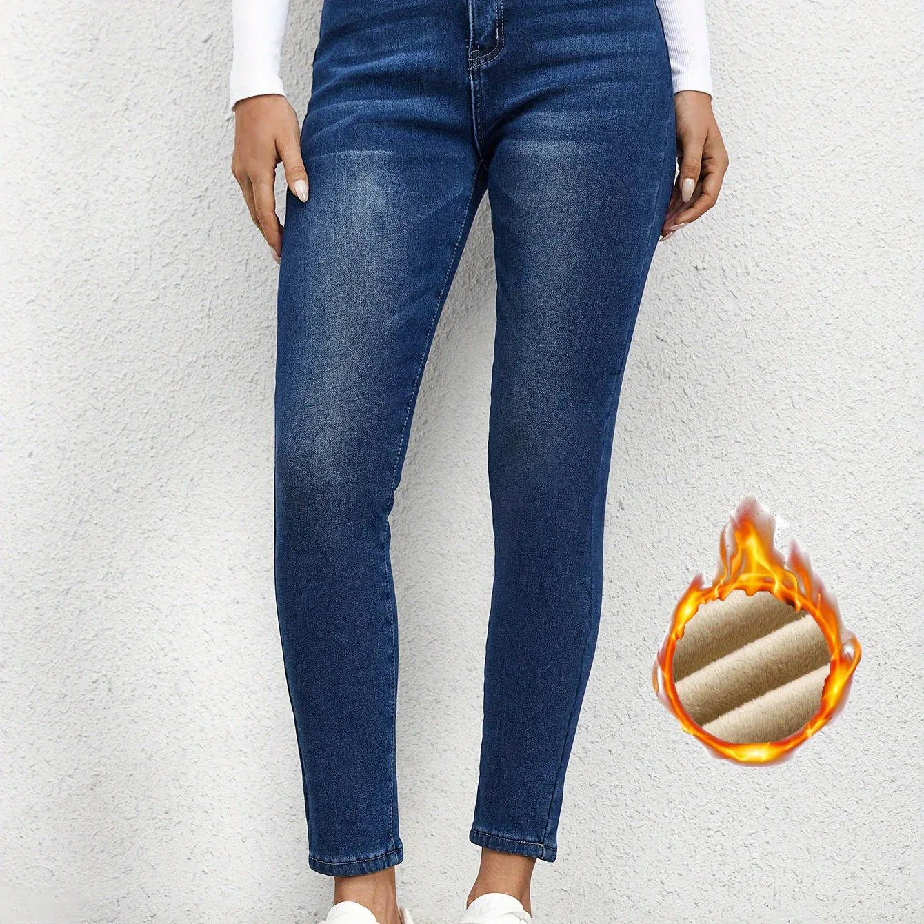 Plain Fleece Liner Skinny Jeans, Slim Fit Mid-Stretch Keep Warm Casual Denim Pants, Women's Denim Jeans & Clothing - Image 10