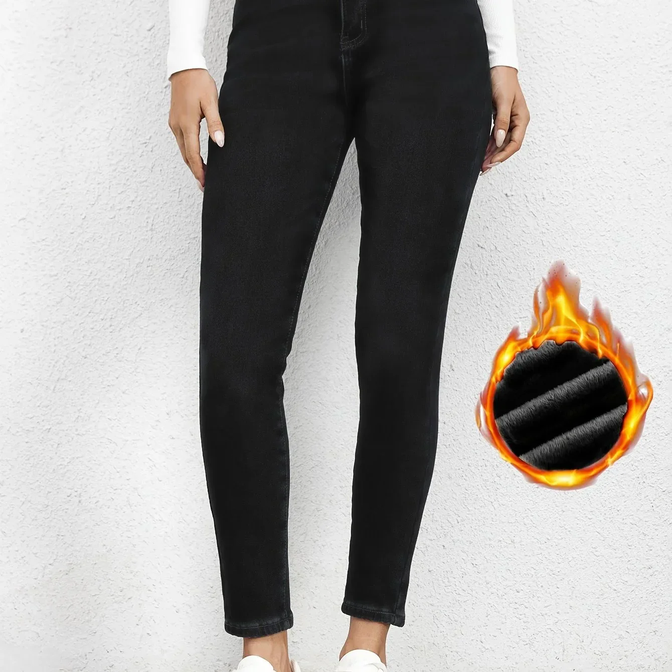 Plain Fleece Liner Skinny Jeans, Slim Fit Mid-Stretch Keep Warm Casual Denim Pants, Women's Denim Jeans & Clothing - Image 11