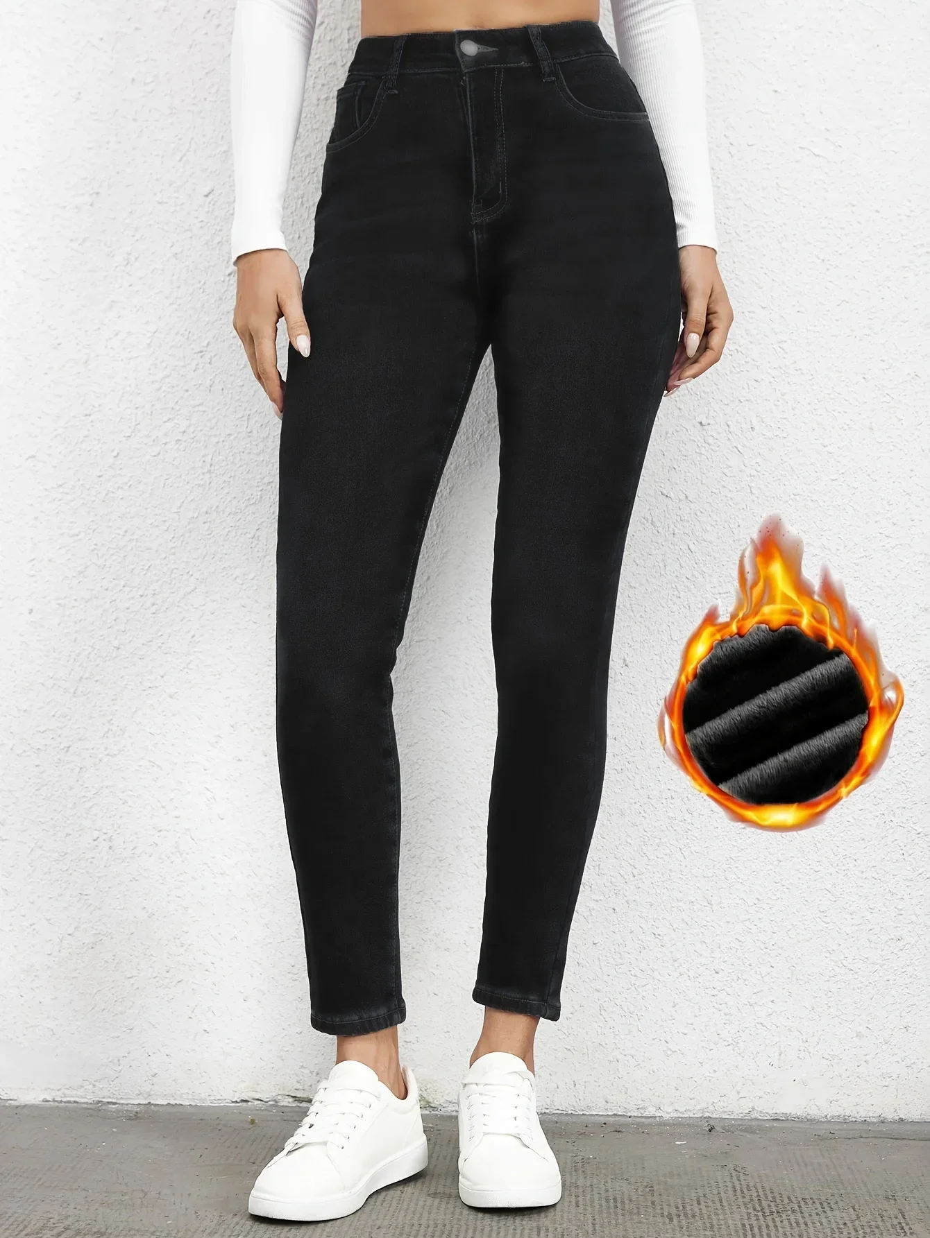 Plain Fleece Liner Skinny Jeans, Slim Fit Mid-Stretch Keep Warm Casual Denim Pants, Women's Denim Jeans & Clothing - Image 2