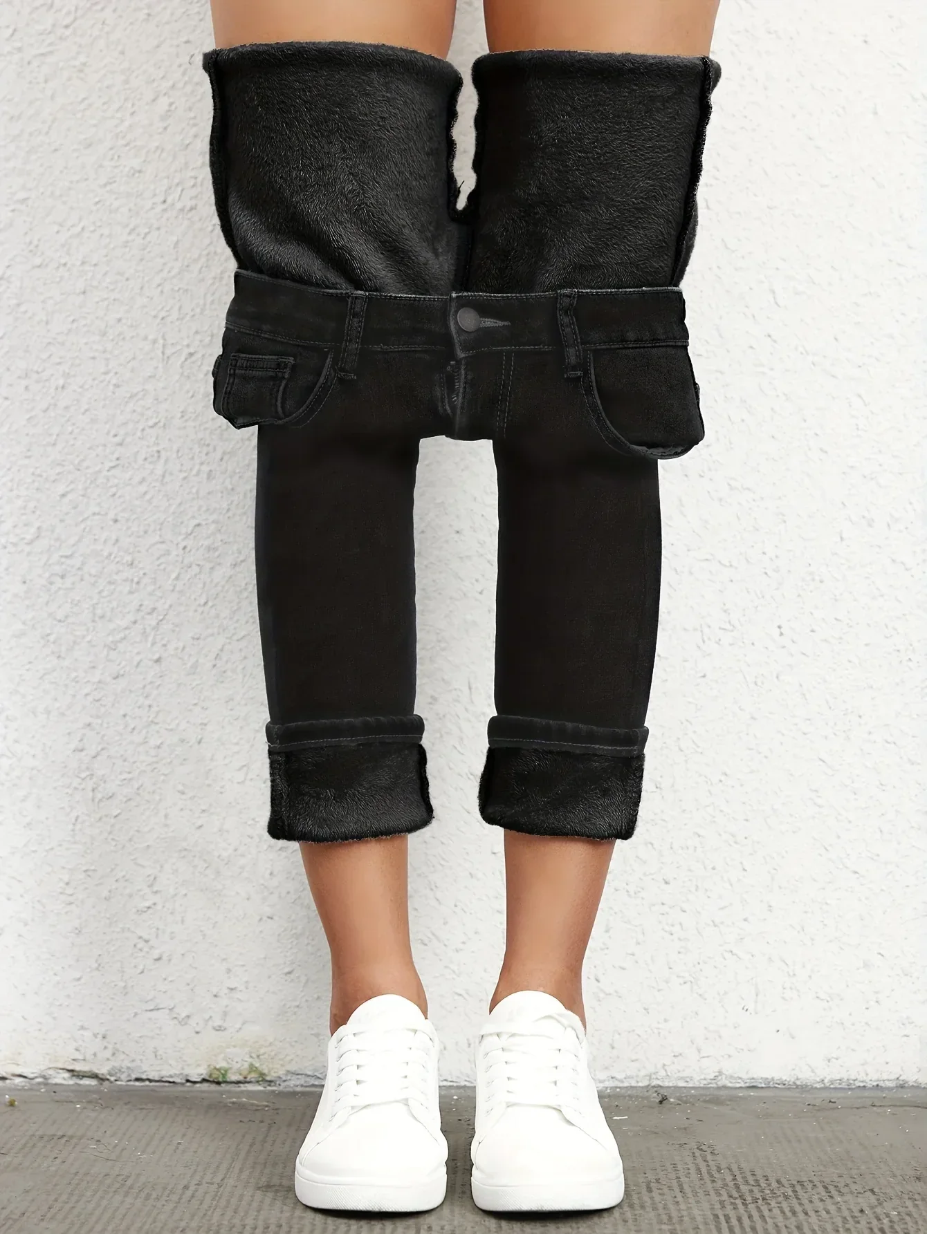 Plain Fleece Liner Skinny Jeans, Slim Fit Mid-Stretch Keep Warm Casual Denim Pants, Women's Denim Jeans & Clothing - Image 3