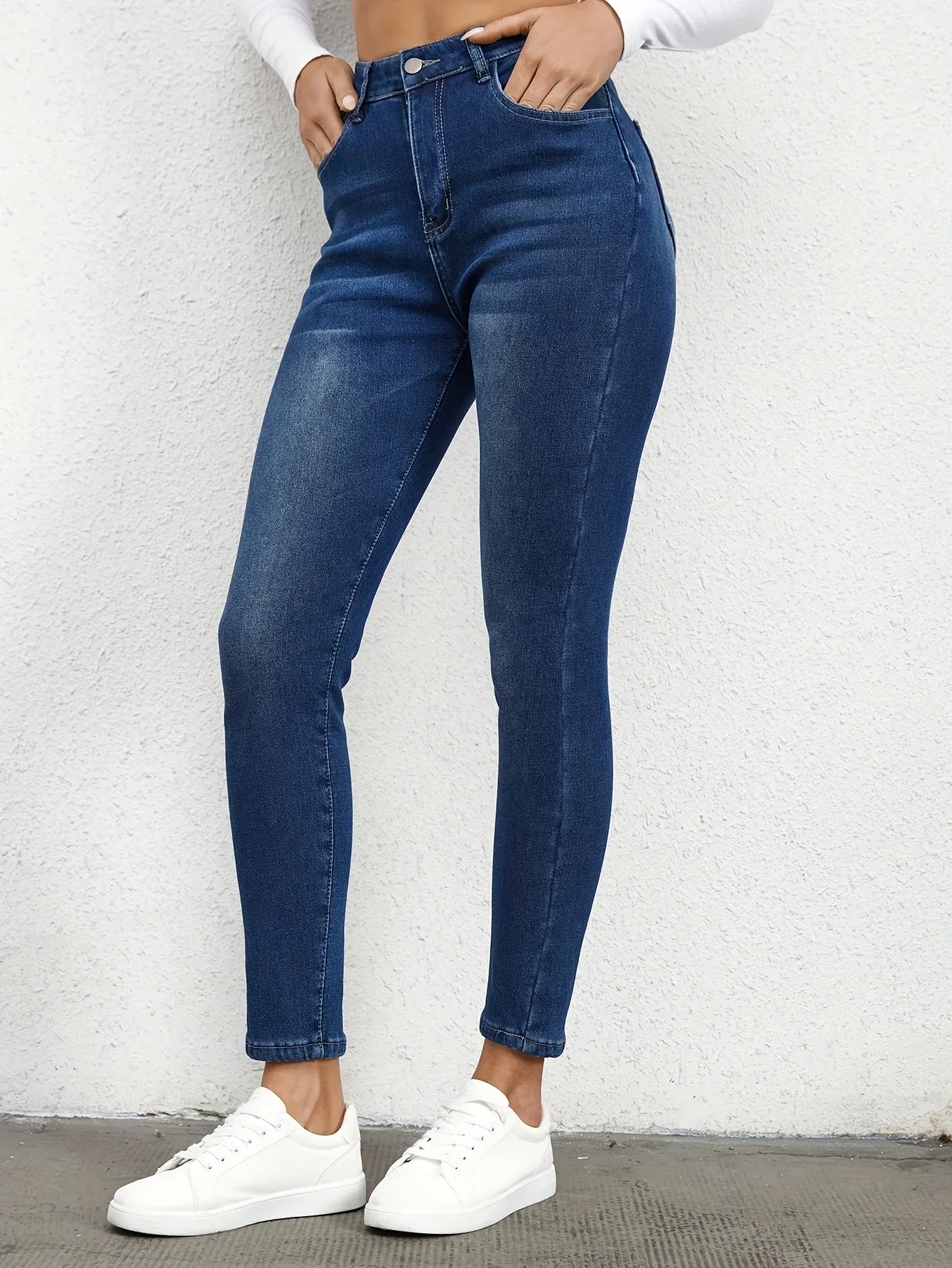 Plain Fleece Liner Skinny Jeans, Slim Fit Mid-Stretch Keep Warm Casual Denim Pants, Women's Denim Jeans & Clothing - Image 5