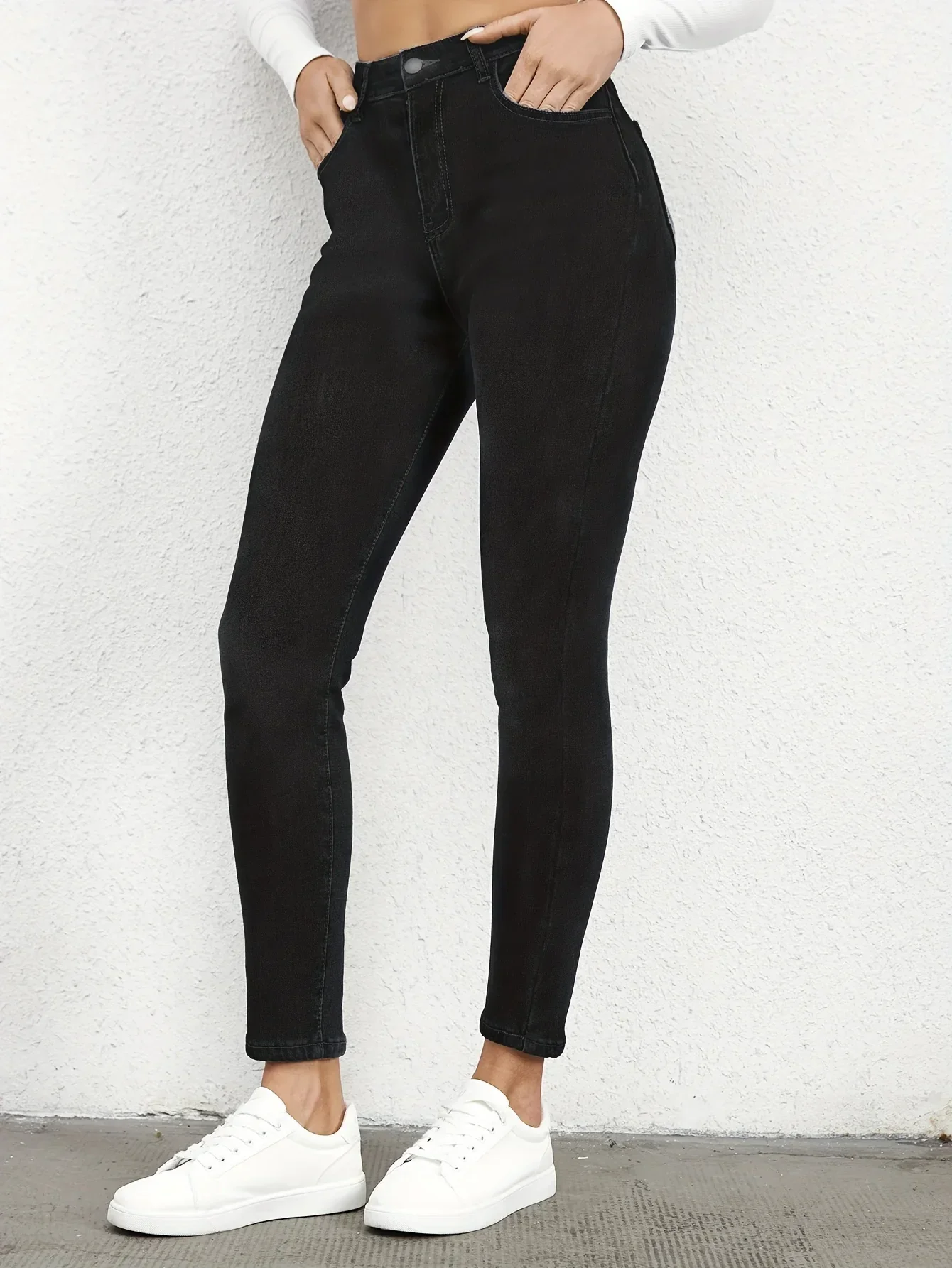 Plain Fleece Liner Skinny Jeans, Slim Fit Mid-Stretch Keep Warm Casual Denim Pants, Women's Denim Jeans & Clothing - Image 6