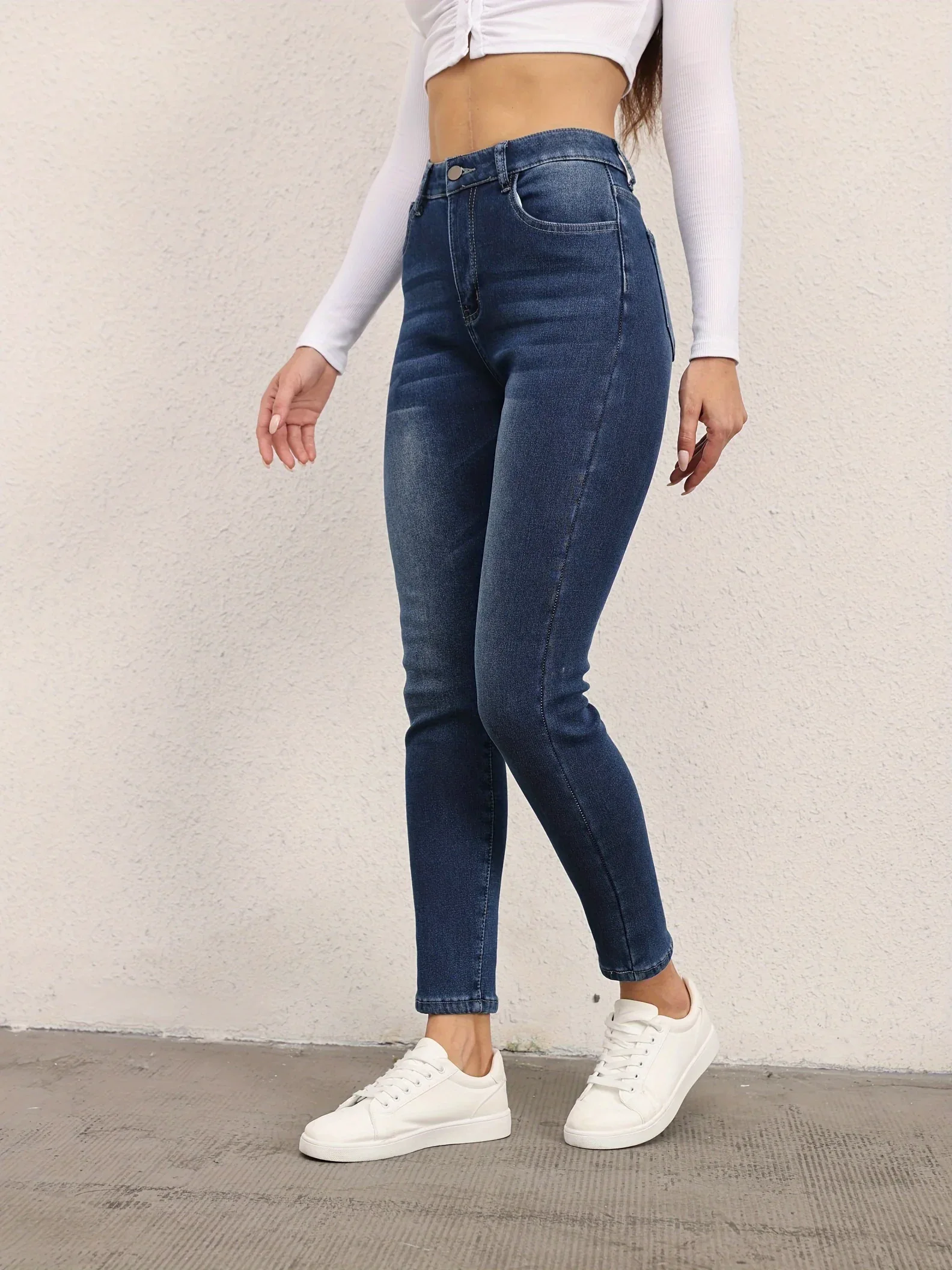 Plain Fleece Liner Skinny Jeans, Slim Fit Mid-Stretch Keep Warm Casual Denim Pants, Women's Denim Jeans & Clothing - Image 9