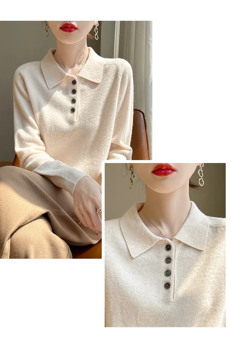 Polo Neck Pullover 100% Merino Wool Women's Solid Color Knit Top Fashion Korean Sweater Autumn and Winter Women's Clothes - Image 10