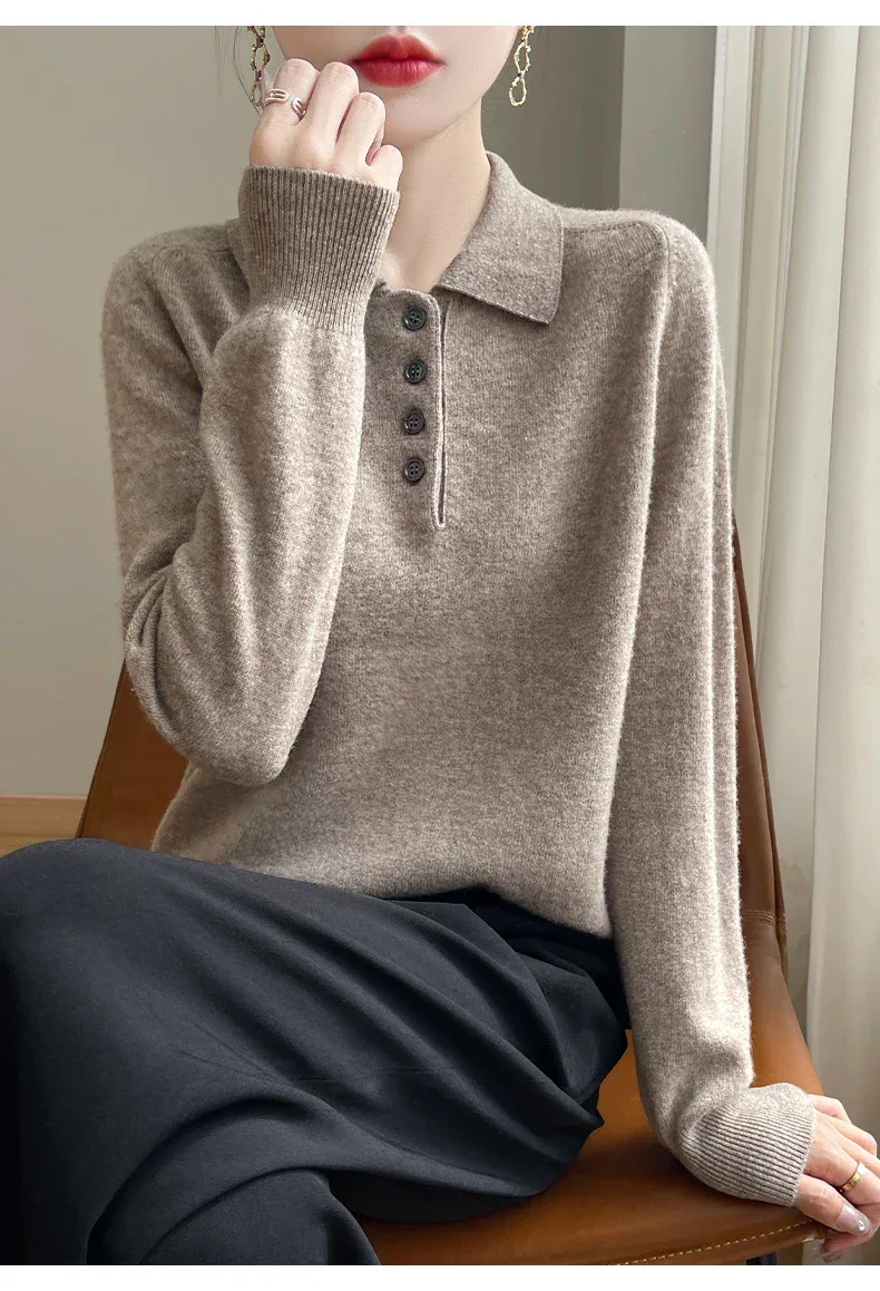 Polo Neck Pullover 100% Merino Wool Women's Solid Color Knit Top Fashion Korean Sweater Autumn and Winter Women's Clothes - Image 11