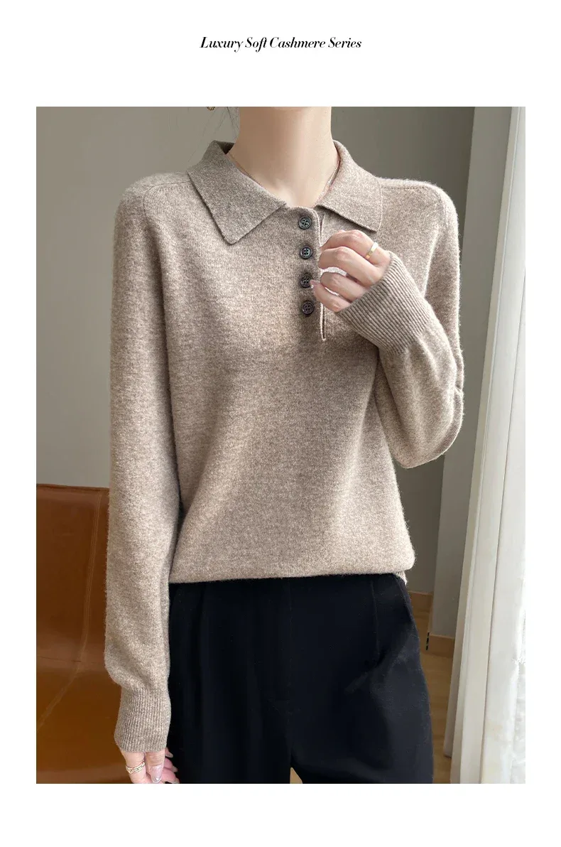 Polo Neck Pullover 100% Merino Wool Women's Solid Color Knit Top Fashion Korean Sweater Autumn and Winter Women's Clothes - Image 12