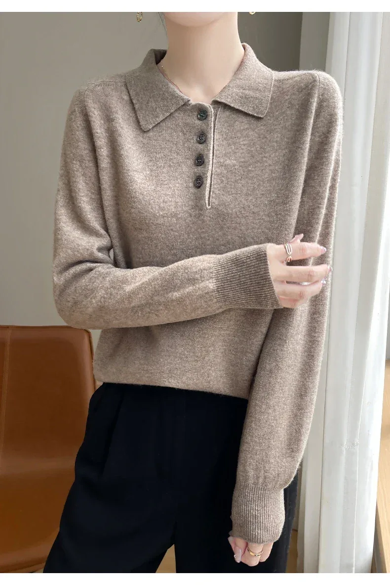 Polo Neck Pullover 100% Merino Wool Women's Solid Color Knit Top Fashion Korean Sweater Autumn and Winter Women's Clothes - Image 13