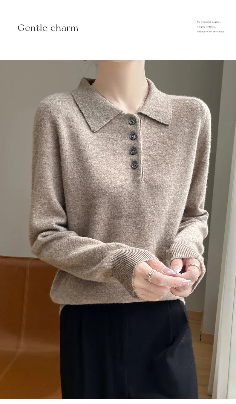 Polo Neck Pullover 100% Merino Wool Women's Solid Color Knit Top Fashion Korean Sweater Autumn and Winter Women's Clothes - Image 14