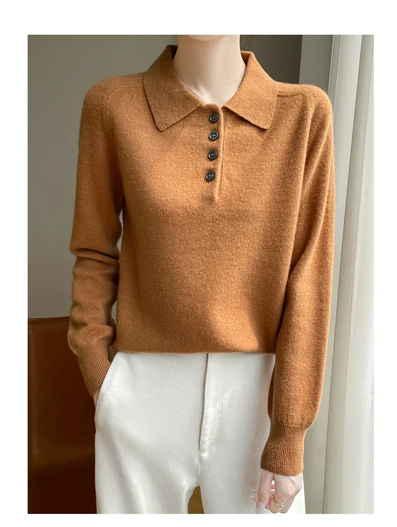 Polo Neck Pullover 100% Merino Wool Women's Solid Color Knit Top Fashion Korean Sweater Autumn and Winter Women's Clothes - Image 15