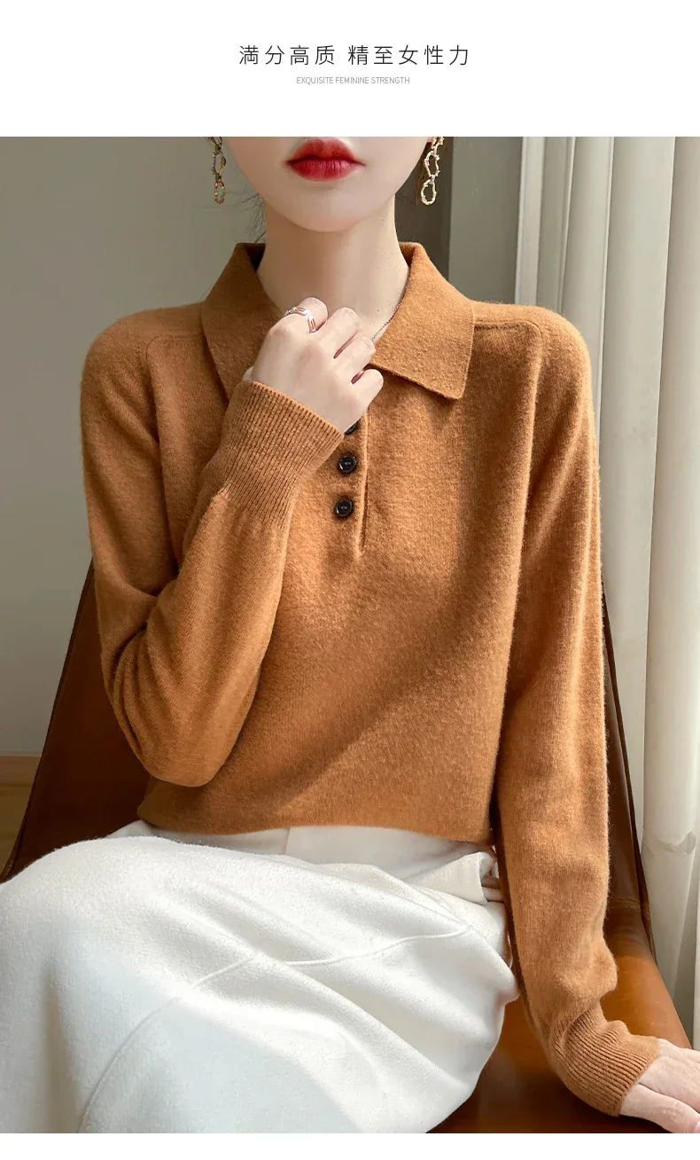 Polo Neck Pullover 100% Merino Wool Women's Solid Color Knit Top Fashion Korean Sweater Autumn and Winter Women's Clothes - Image 16