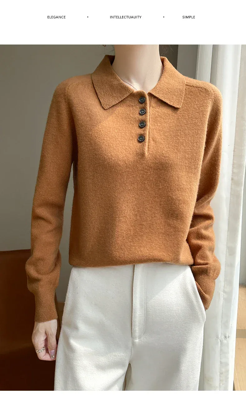 Polo Neck Pullover 100% Merino Wool Women's Solid Color Knit Top Fashion Korean Sweater Autumn and Winter Women's Clothes - Image 17
