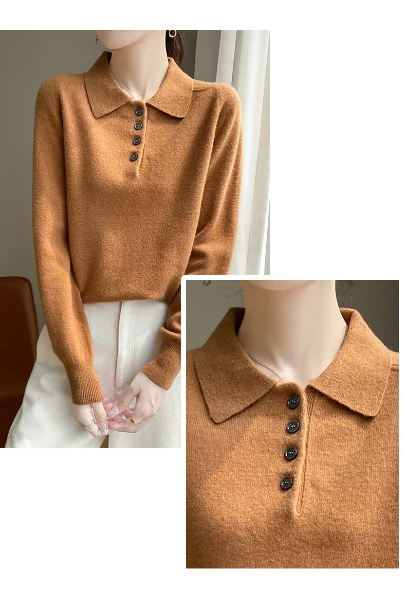 Polo Neck Pullover 100% Merino Wool Women's Solid Color Knit Top Fashion Korean Sweater Autumn and Winter Women's Clothes - Image 18